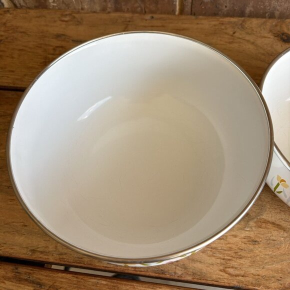 Vintage Enamelware Nesting Mixing Bowls Yellow Flowers Tulips READ - Picture 2 of 10